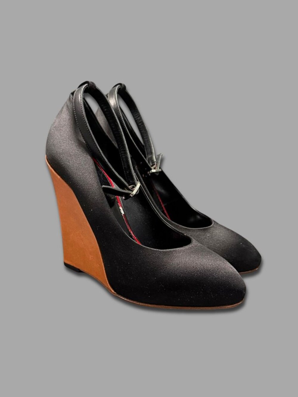 CELINE PHOEBE PHILO Era Black Satin Wedge Ankle Strap Shoes